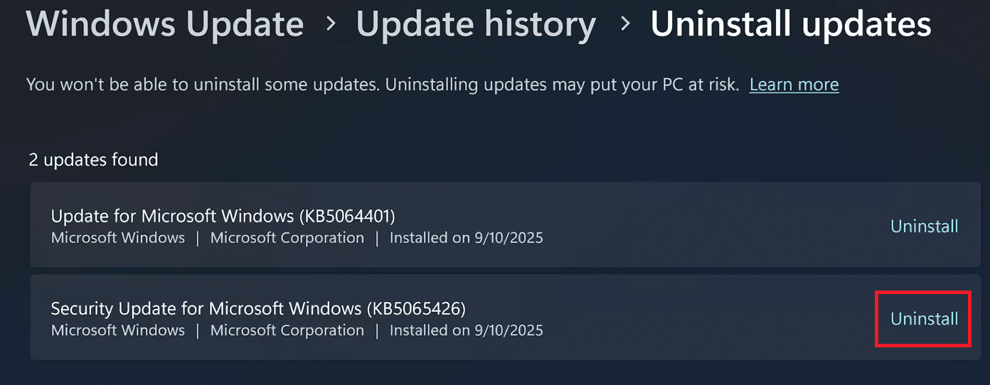 إلغاء تثبيت تحديث KB5065426