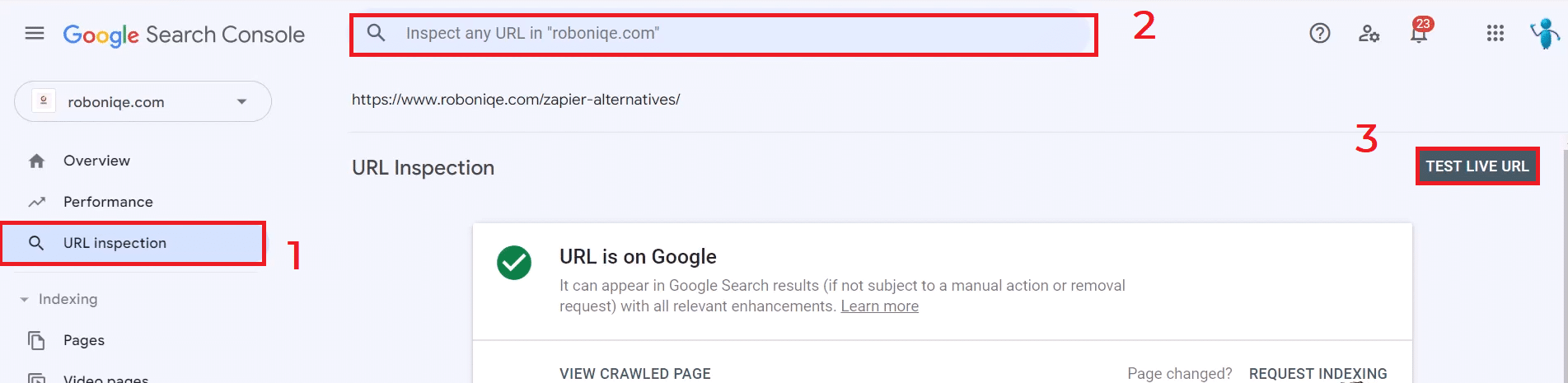 اختبار فحص عنوان URL في Google Search Console