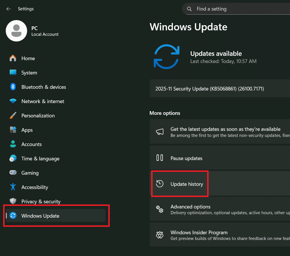 نافذة تحديث Windows وسجل التحديثات