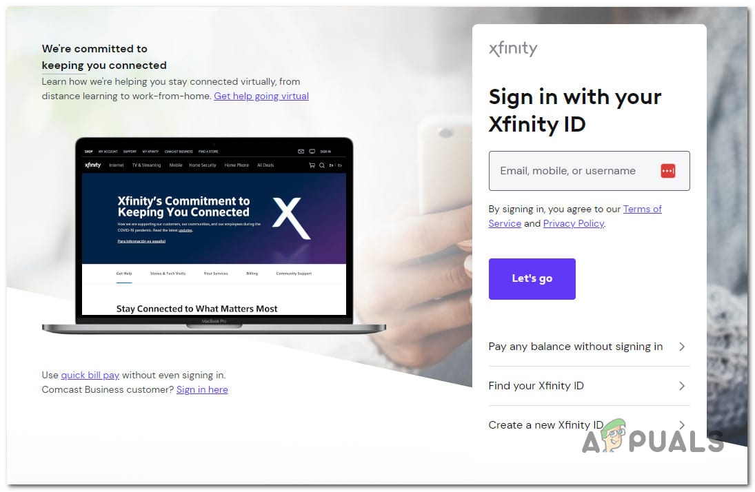 تسجيل الدخول باستخدام معرف Xfinity وكلمة المرور
