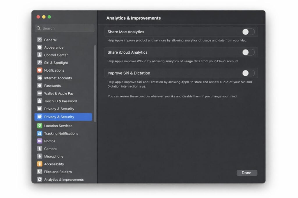 macOSで過剰な分析とデータ共有を無効にする