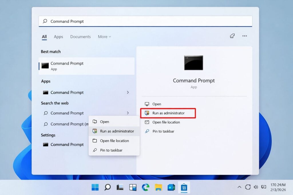 Откройте командную строку и запустите её от имени администратора.