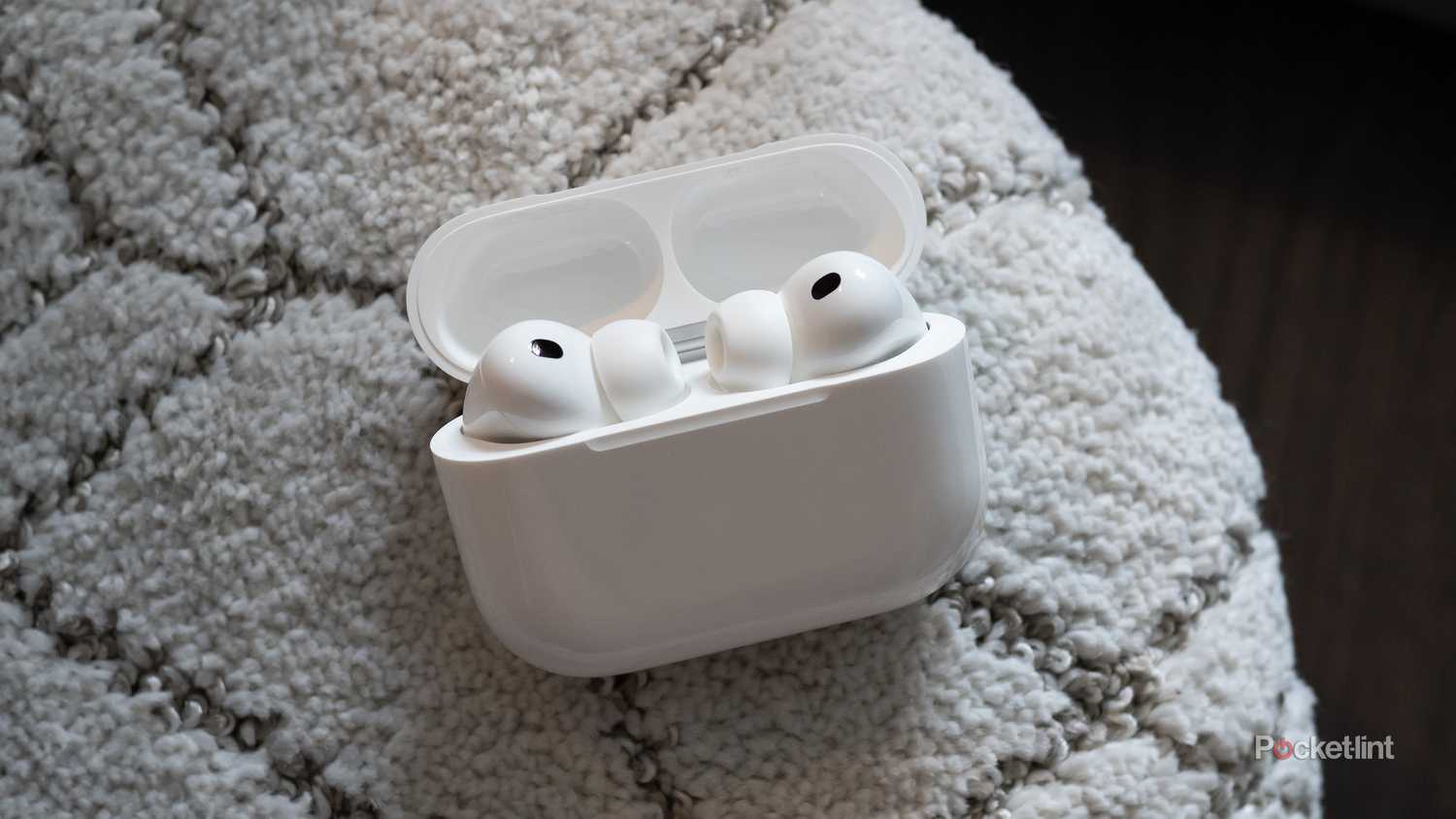 The AirPods Pro 3 in a case sitting on a carpet