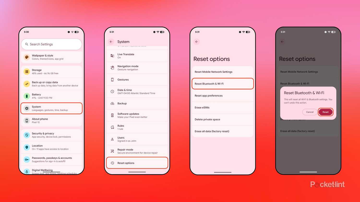 لقطات شاشة لإعادة تعيين إعدادات شبكة Android