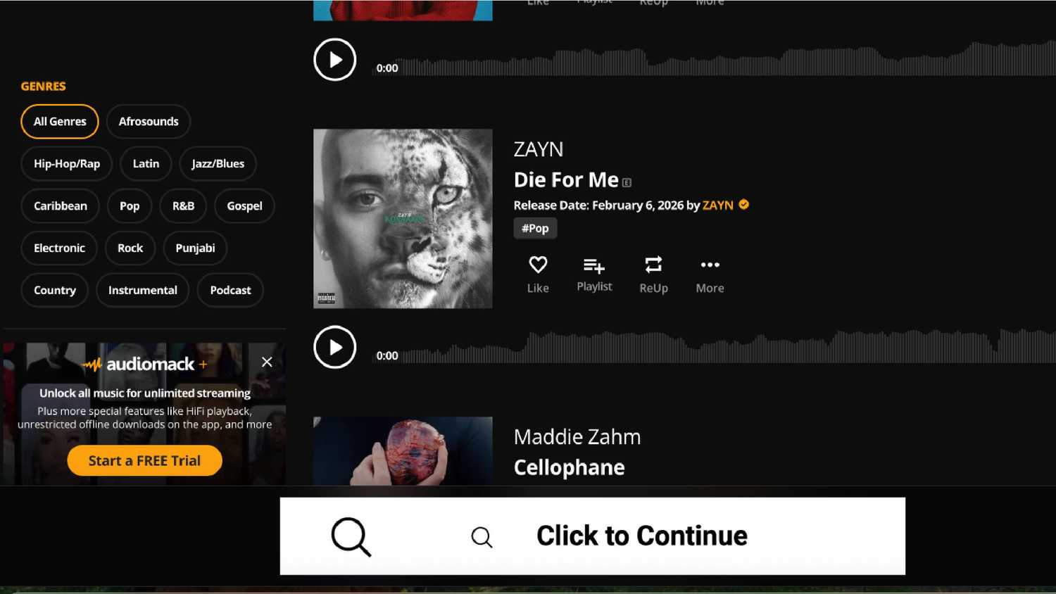 مرشح جميع الأنواع على Audiomack