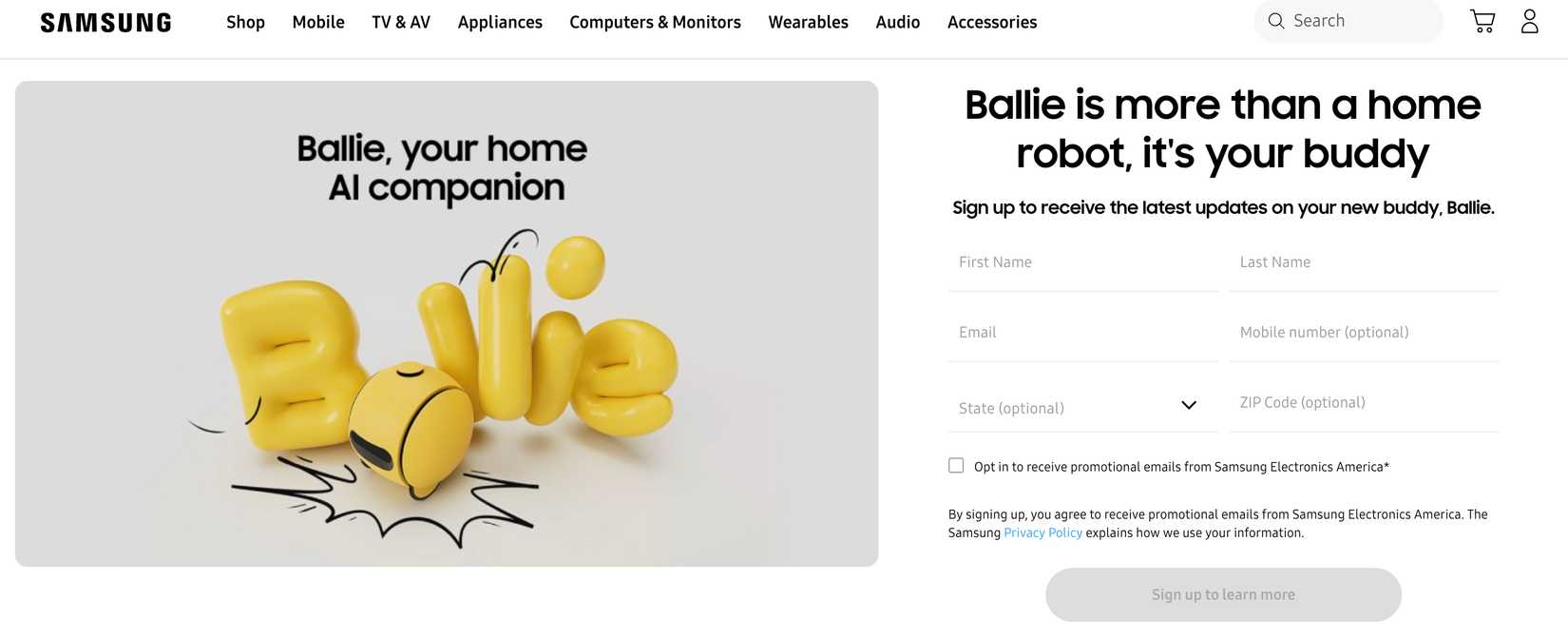 صورة تسلط الضوء على صفحة الاشتراك في Ballie من Wayback Machine.