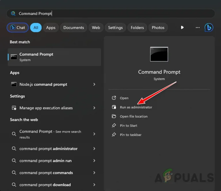 Windows search result showing Command Prompt with the Run as administrator option