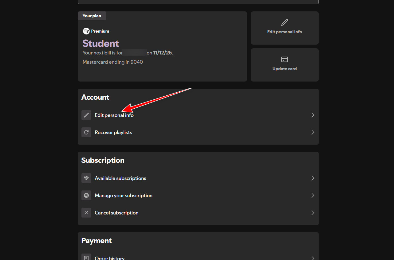 صفحة تعديل المعلومات الشخصية في Spotify