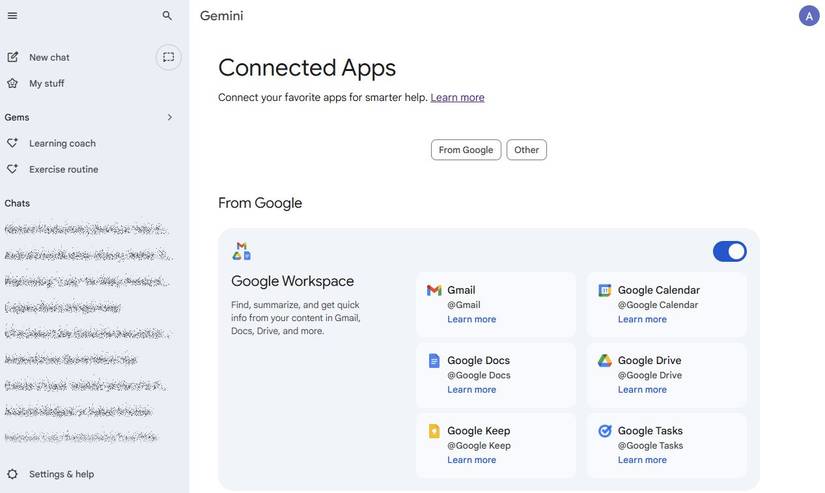 لقطة شاشة تعرض التطبيقات المتصلة في Gemini