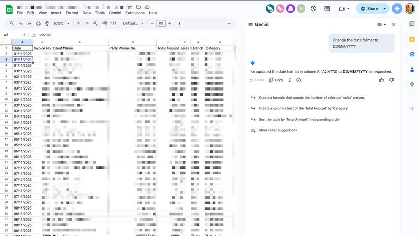 استخدام Gemini لتغيير تنسيق التاريخ في جداول بيانات Google