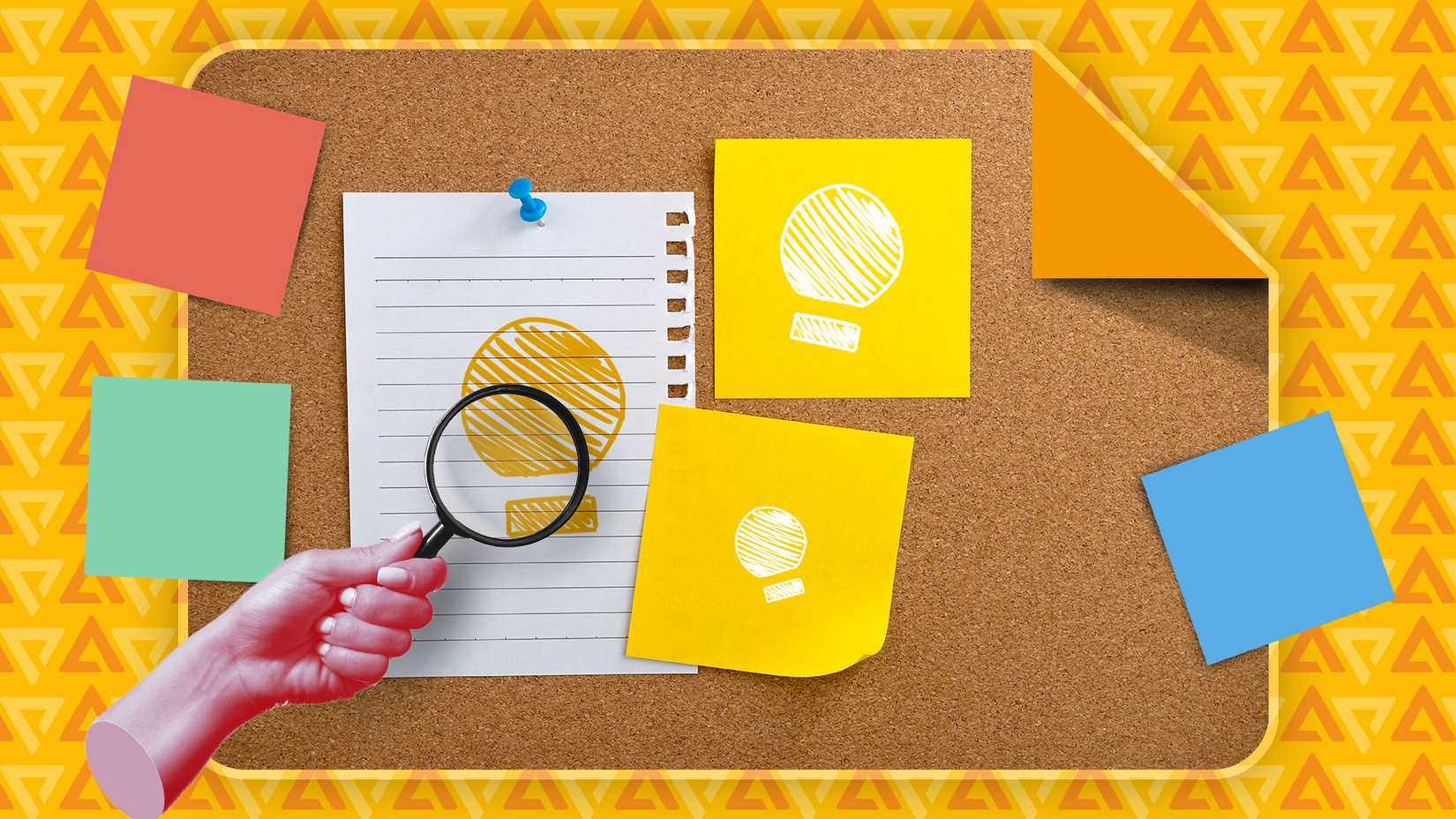 صورة توضيحية ليد تحمل عدسة مكبرة أمام لوحة من الفلين عليها أيقونات Google Keep