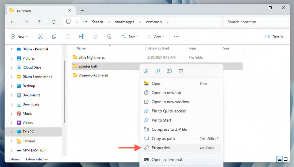 خيار الخصائص للعبة Steam مُحدد في مستكشف الملفات.