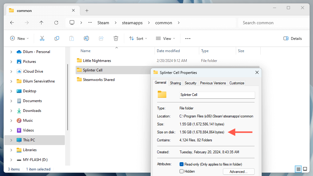 حجم القرص مُعلّم في مربع حوار خصائص لعبة Steam.