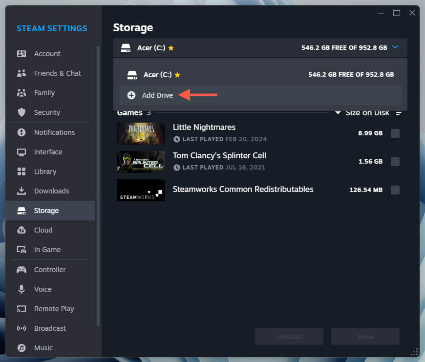 خيار إضافة محرك أقراص مُحدد في شاشة التخزين في إعدادات Steam.