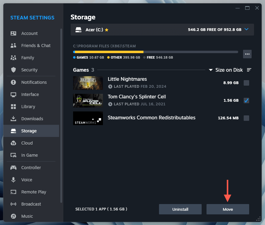 خيار النقل مُحدد في شاشة التخزين في إعدادات Steam.
