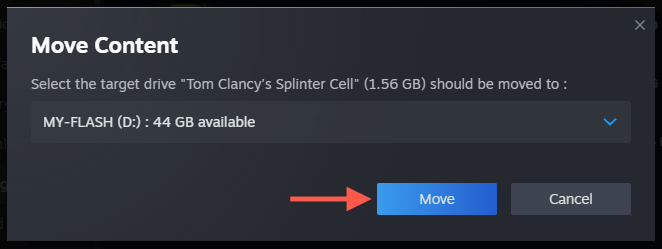 زر النقل مُحدد في النافذة المنبثقة لنقل المحتوى.