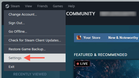قائمة Steam مع تحديد خيار الإعدادات.
