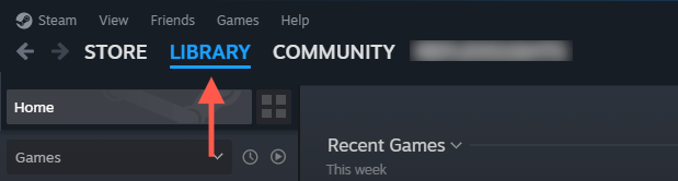 علامة تبويب المكتبة (Library) مُظللة في Steam.