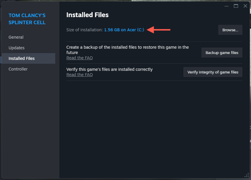 Size of installation highlighted for a Steam game.