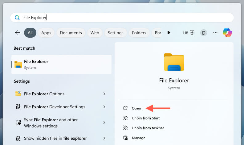 مستكشف الملفات في بحث Windows.