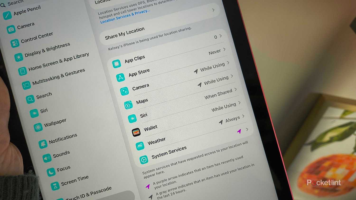 خدمات الموقع على جهاز iPad.