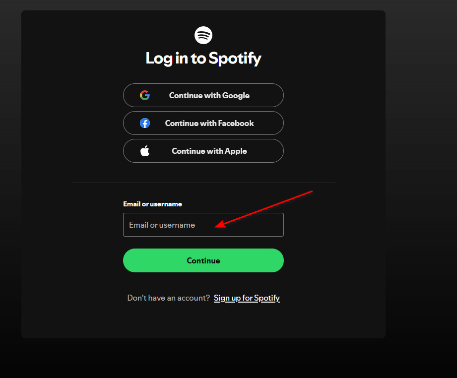 خيار تسجيل الدخول باستخدام البريد الإلكتروني في Spotify