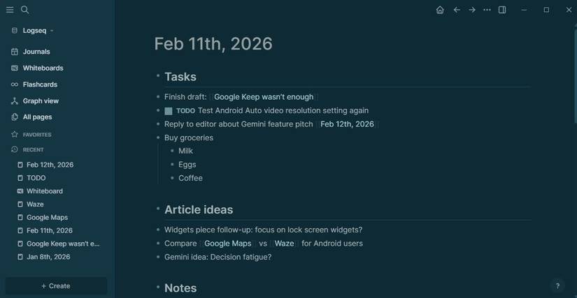 لقطة شاشة توضح ملاحظة يومية في Logseq