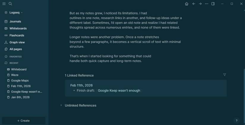 لقطة شاشة توضح الملاحظات المرتبطة في Logseq