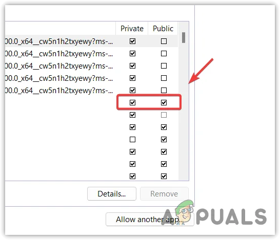 أذونات تطبيق جدار الحماية التي تعرض خيارات خانة الاختيار خاص/عام