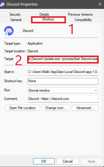 حقل هدف الاختصار يظهر المسار الحالي