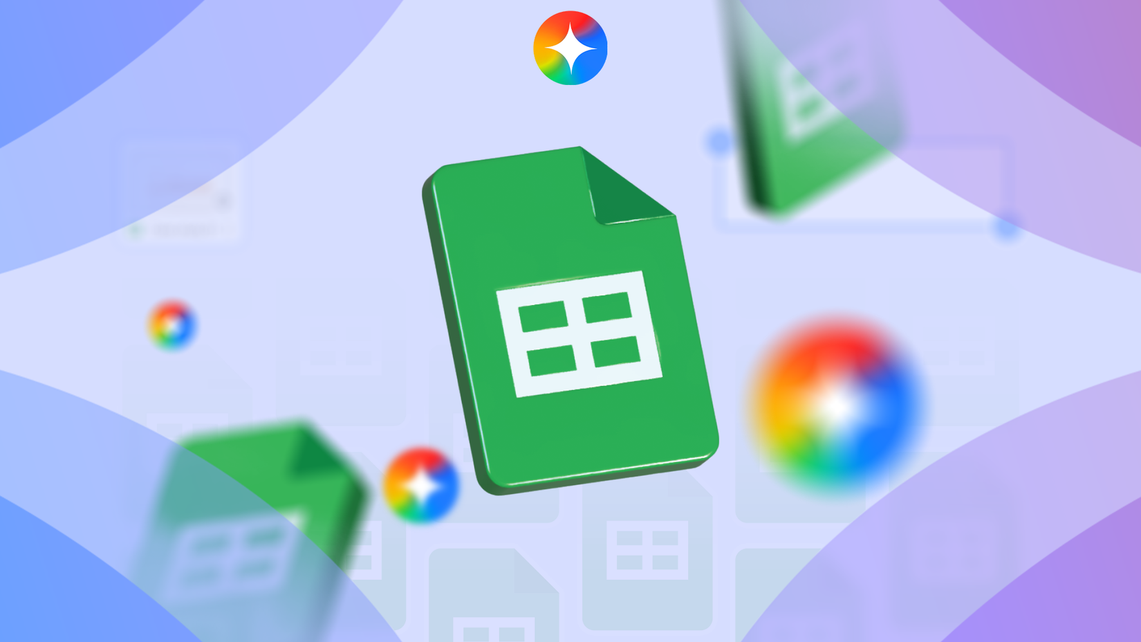 أيقونة Google Sheets ثلاثية الأبعاد محاطة بشعارات Gemini الملونة المتلألئة على خلفية أرجوانية.