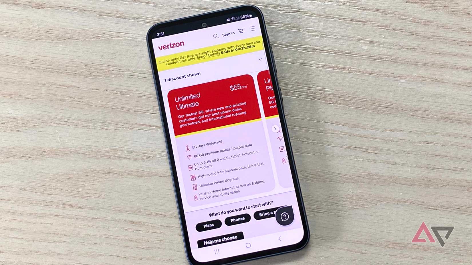صفحة خطط Verizon على هاتف Galaxy A35