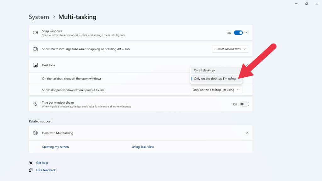 実行中のすべてのアプリケーションを表示するようにすべての仮想デスクトップを構成します。