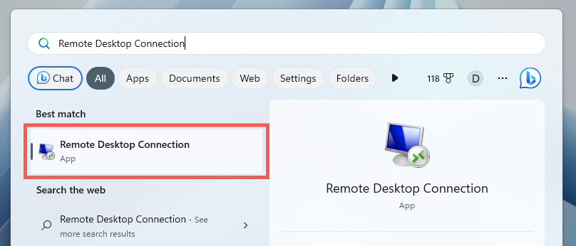 Windows のスタート メニューでリモート デスクトップ接続アプリを見つけます。