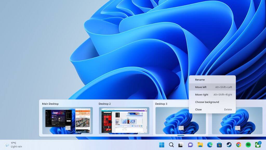 右へ移動または左へ移動を使用して仮想デスクトップを並べ替える