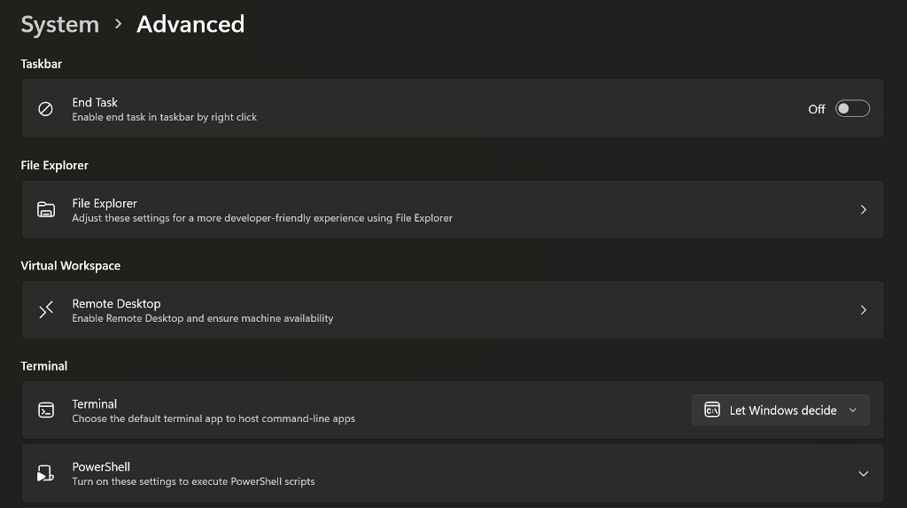 расширенные настройки в параметрах Windows