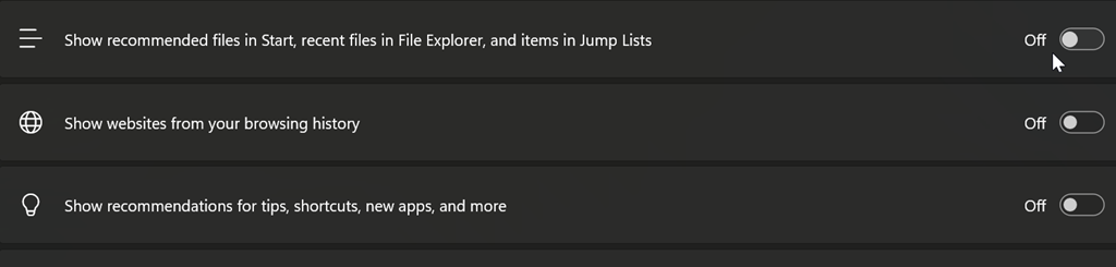 Wyłącz zalecenia dla menu Start systemu Windows