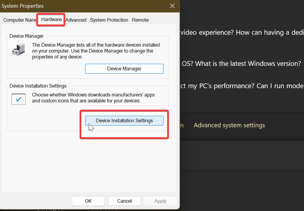 デバイスのインストール設定