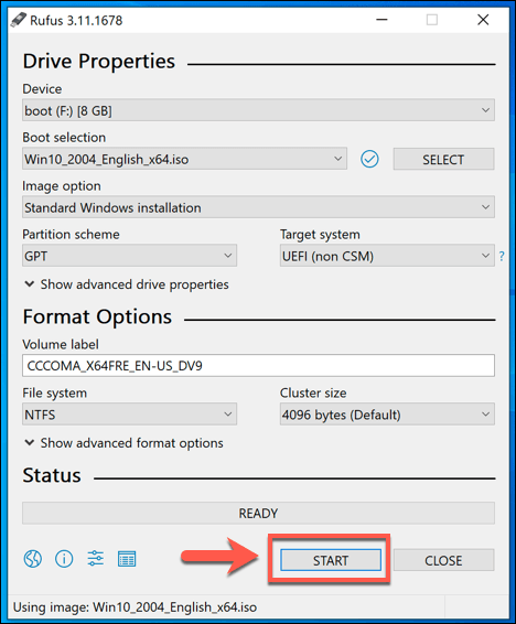 Rufusでハードドライブのフォーマットを開始するスクリーンショット