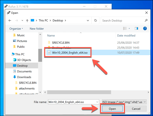 Rufus で Windows ISO ファイルを選択するスクリーンショット