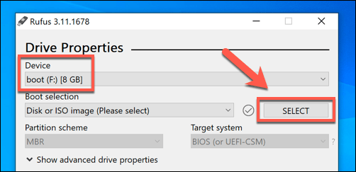ハードドライブのブート選択設定のスクリーンショット