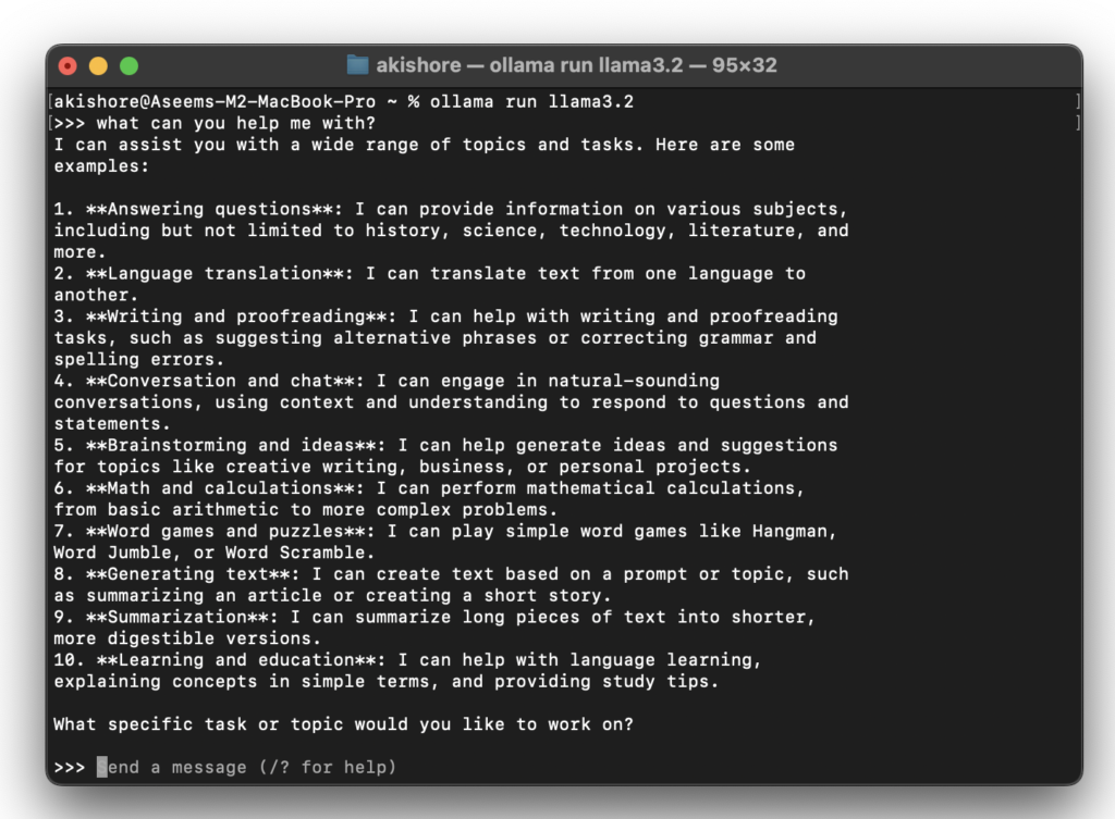 ollama llmへの質問が表示されたターミナルウィンドウ