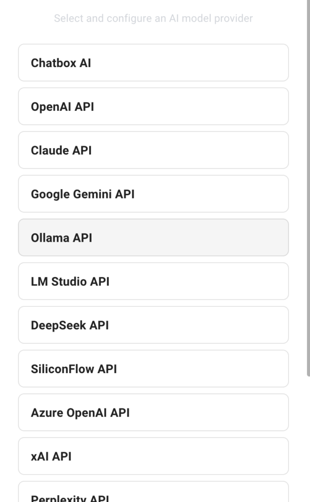 チャットボックスAIをインストールするときはOllamaを選択してください