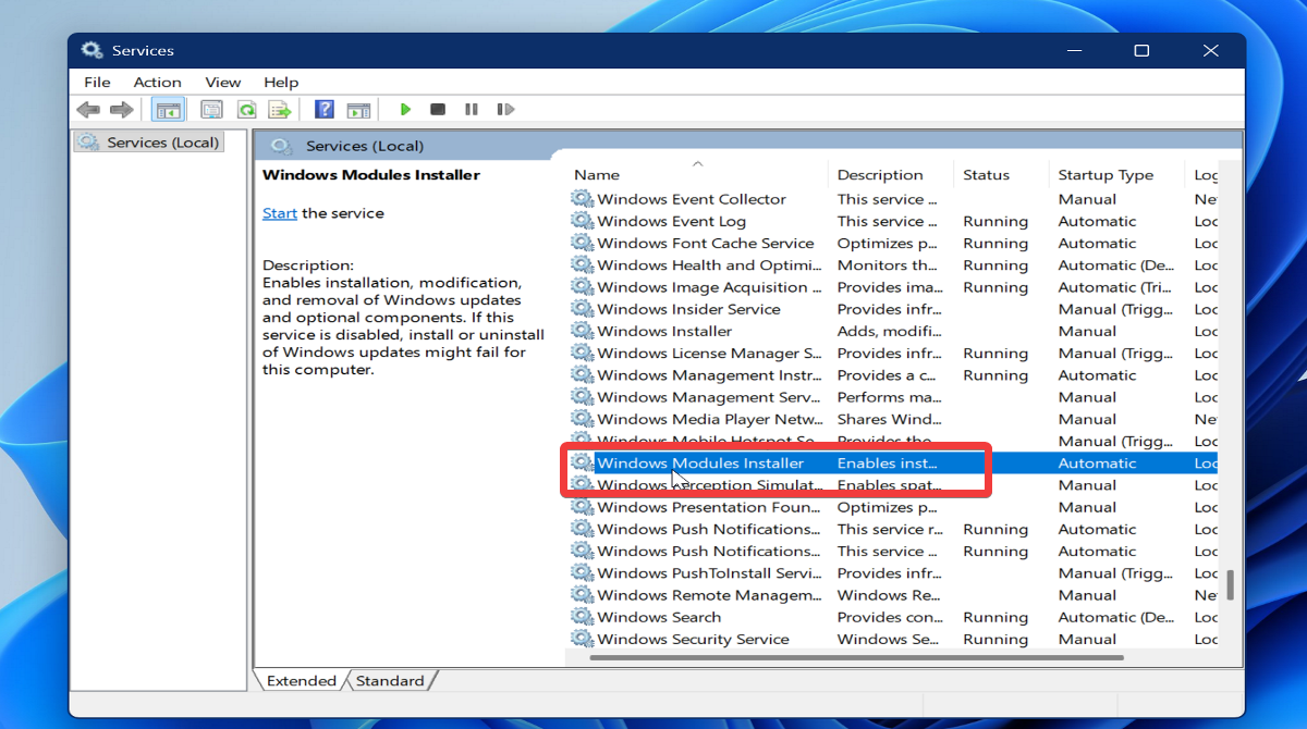 サービス内の Windows モジュール インストーラー