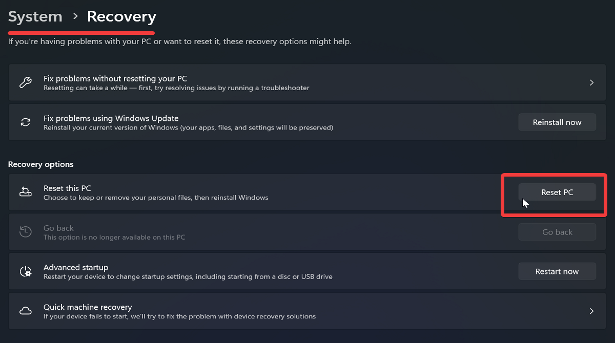 Windows 11の回復設定でPCをリセットする