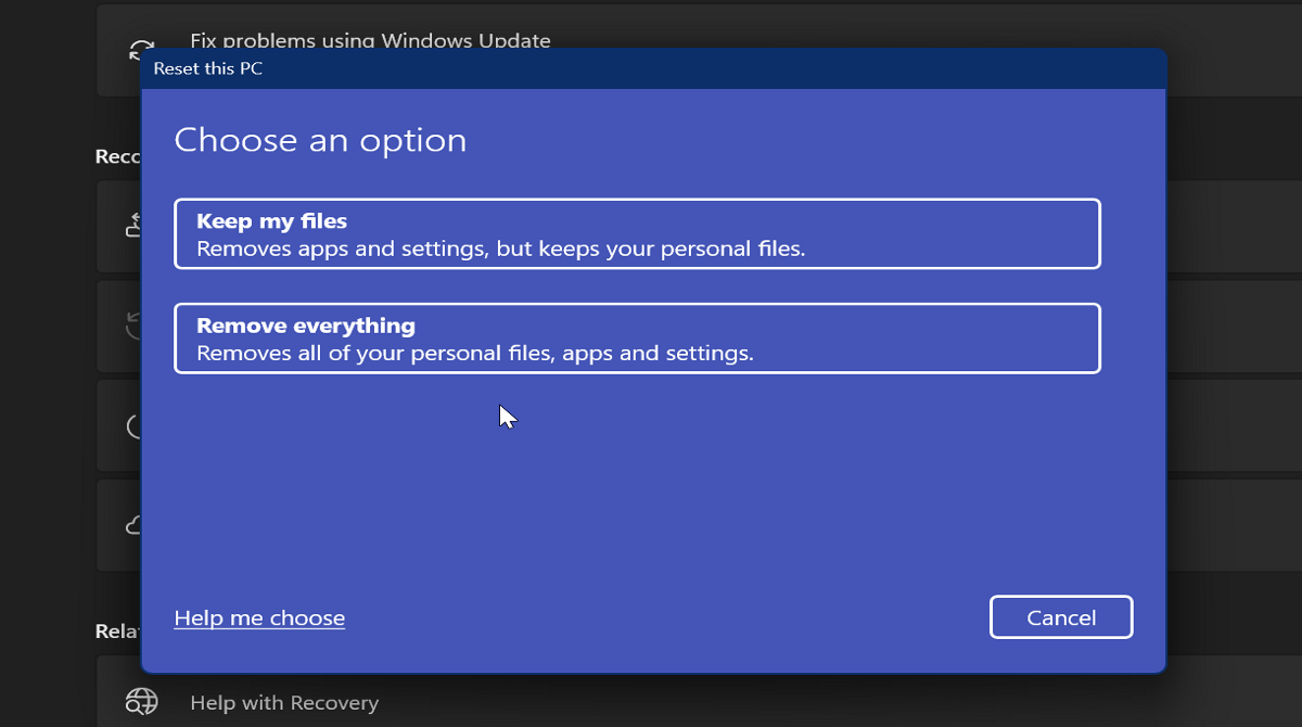 リセット中にファイルを保持するかすべてを削除するか