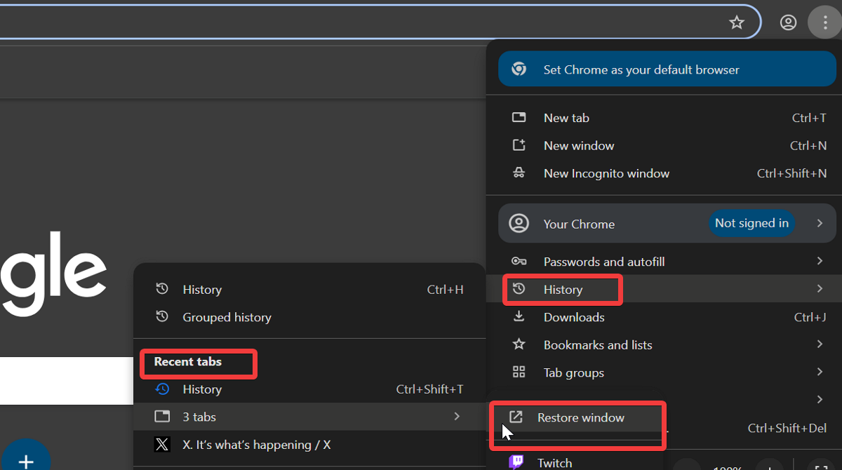 Google Chrome の復元ウィンドウ