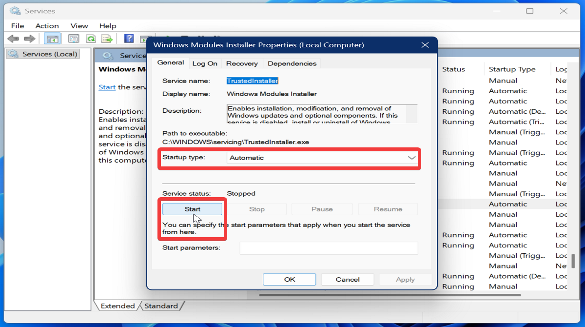 Windows モジュール インストーラーのプロパティ