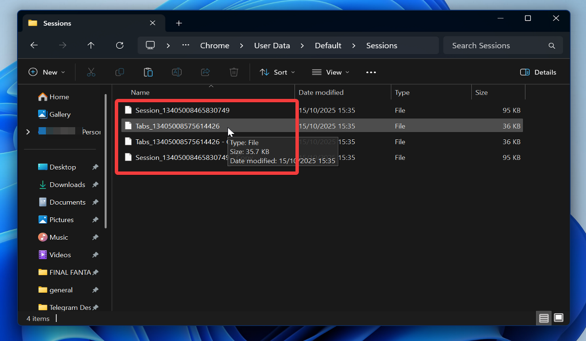 ファイルエクスプローラーのGoogle Chromeセッションフォルダ