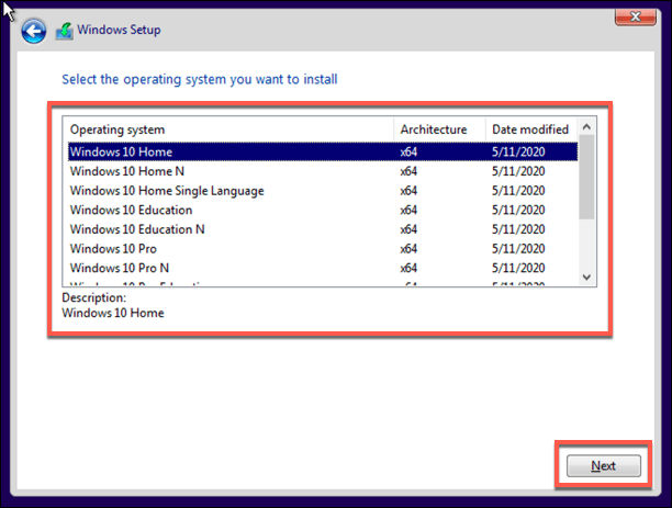 Windows インストール バージョンを選択するスクリーンショット
